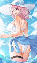  absurdres ass ass_grab back bikini blue_eyes blue_sarong blue_sky breasts cloud commentary day female from_behind gr_greeze grabbing_own_ass hair_between_eyes hat highres honkai:_star_rail honkai_(series) large_breasts looking_at_viewer looking_back march_7th_(honkai:_star_rail) medium_hair mixed-language_commentary ocean outdoors pink_hair sarong shoulder_blades sky smile solo sun_hat swimsuit teeth thigh_strap upper_teeth_only wading wet white_bikini white_hat 