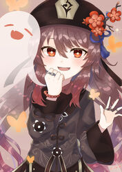  :d absurdres bad_id bad_pixiv_id bead_bracelet beads boo_tao_(genshin_impact) bracelet brown_hair bug butterfly chinese_clothes commentary_request female flower genshin_impact ghost hair_between_eyes hat hat_flower hat_ornament highres hu_tao_(genshin_impact) jewelry long_hair long_sleeves looking_at_viewer miuna_(user_dunp3235) open_mouth red_eyes ring sidelocks smile symbol-shaped_pupils twintails waving wide_sleeves 