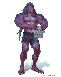  2023 4:5 anthro areola bars biceps biped bottomwear cephalopod clothed clothing coleoid cuttlefish decapodiform digital_media_(artwork) english_text hi_res holding_object male marine mollusk muscular muscular_anthro muscular_male navel nipples non-mammal_nipples pecs plantigrade purple_body shirt shorts simple_background solo standing taran_fiddler text topless topwear were werecuttlefish white_background 