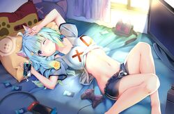  ahoge animal_ears arms_up bed_sheet black_shorts blush breasts cat_ears controller female highres holding holding_phone indie_virtual_youtuber lanmewko looking_at_viewer lying medium_breasts midriff navel nintendo_switch on_back one_eye_closed parted_lips phone pillow rei_(rei&#039;s_room) short_sleeves shorts sidelocks solo thighs virtual_youtuber 