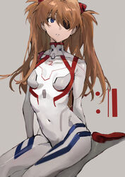  absurdres blue_eyes brown_hair collarbone commentary covered_collarbone covered_navel evangelion:_3.0+1.0_thrice_upon_a_time eyelashes eyepatch female gradient_background highres long_hair neon_genesis_evangelion parted_lips plugsuit rebuild_of_evangelion sitting solo souryuu_asuka_langley teeth tsuiru turtleneck twintails wariza 