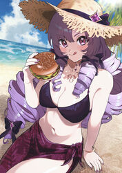  :q absurdres alternate_costume beach bikini blush bracelet breasts burger chest_tattoo cleavage closed_mouth dot_nose drill_hair drill_sidelocks female food hat highres hyakumantenbara_salome jewelry kane_yoshi large_breasts light_purple_hair lips long_hair looking_at_viewer navel nijisanji ocean outdoors parted_bangs purple_bikini purple_eyes purple_nails purple_ribbon red_sarong ribbon sand sarong scorpion_tattoo sidelocks smile solo sparkling_eyes stomach straw_hat summer swimsuit tattoo tongue tongue_out virtual_youtuber 