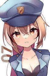  :t absurdres alternate_costume black_bra blue_shirt blush bra breasts collared_shirt female hat highres hololive hololive_english lace_trim lavendeavor long_hair looking_at_viewer nanashi_mumei partially_unbuttoned police police_hat police_uniform policewoman ponytail shirt underwear uniform very_long_hair virtual_youtuber 