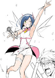  1boy :d \m/ absurdres alternate_costume arm_up armband armpits blue_hair blush bracelet breasts chicke_iii closed_eyes commentary crying dancing darling_in_the_franxx detached_wings female furrowed_brow glasses glowstick gorou_(darling_in_the_franxx) green_eyes grin hair_ornament headband highres holding holding_microphone ichigo_(darling_in_the_franxx) idol index_finger_raised jewelry leg_up legband messy_hair microphone one_eye_closed open_mouth outstretched_arm over-rim_eyewear partially_colored pink_shirt semi-rimless_eyewear shirt shoes short_hair short_shorts shorts sleeveless small_breasts smile swept_bangs tears thigh_gap translated two-tone_shirt white_shirt white_shorts wings 