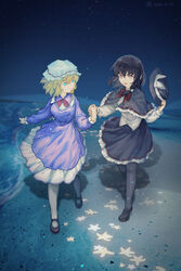  2girls :d absurdres beach black_capelet black_footwear black_hair black_headwear black_pantyhose black_skirt blonde_hair blue_eyes bow bowtie brown_eyes buttons capelet closed_mouth commentary_request dated dress frilled_capelet frilled_dress frilled_shirt_collar frilled_skirt frills full_body furahata_gen hair_between_eyes hairbow hat hat_bow highres holding holding_clothes holding_hands holding_hat long_dress long_sleeves looking_at_another looking_down maribel_hearn medium_hair mob_cap multiple_girls night ocean open_mouth outdoors pantyhose purple_dress red_bow red_bowtie ribbon-trimmed_capelet ribbon-trimmed_skirt ribbon_trim sand shirt skirt sky smile standing star_(sky) starry_sky touhou unworn_hat unworn_headwear usami_renko walking white_bow white_headwear white_pantyhose white_shirt 