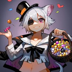  animal_ears arknights basket black_bow black_bowtie black_jacket bow bowtie candy chinese_commentary clay_(clayjun) click_(arknights) click_(grave_thief)_(arknights) crop_top eyepatch female food gradient_background grey_hair grin hands_up hat holding holding_basket jacket jacket_on_shoulders lollipop looking_at_viewer midriff mouse_ears mouse_girl mouse_tail navel official_alternate_costume one_eye_covered shirt short_hair smile solo tail top_hat upper_body white_shirt 