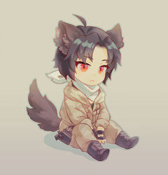  1boy 86_-eightysix- animal_ears bad_id bad_pixiv_id beige_background black_footwear brown_hair brown_jacket brown_pants chibi commentary_request fingerless_gloves gloves highres jacket kemonomimi_mode male_focus military military_uniform pants red_eyes setani_o shinei_nouzen sitting solo tail uniform wolf_boy wolf_ears wolf_tail 