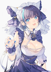  akapug621 aqua_eyes aqua_hair aqua_nails azur_lane black_dress black_hair blush breasts cheshire_(azur_lane) cleavage cleavage_cutout clothing_cutout detached_collar dress earrings female frilled_bracelet frills jewelry large_breasts looking_at_viewer maid maid_headdress medium_hair multicolored_hair nail_polish oerba_yun_fang open_mouth skin_fang skirt solo streaked_hair two-tone_dress two-tone_hair white_background wrist_cuffs 