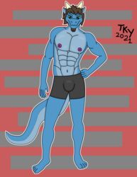  absurd_res anthro blue_body blue_skin boxer_briefs brown_hair bulge clothing derek_(tackykat) dragon facial_hair green_eyes hair hand_on_hip hi_res horn looking_at_viewer male muscular muscular_anthro muscular_male mythological_creature mythological_scalie mythology scalie simple_background solo tackykat tail underwear 