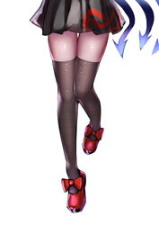  absurdres ailu_elf black_dress black_skirt black_thighhighs blue_wings bow chinese_commentary commentary dress facing_viewer female footwear_bow head_out_of_frame highres houjuu_nue legs lower_body mary_janes miniskirt pleated_skirt red_bow red_footwear shoes short_dress simple_background skindentation skirt solo standing standing_on_one_leg thighhighs thighs touhou white_background wings zettai_ryouiki 