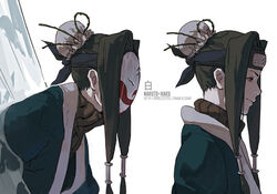  1boy androgynous bishounen black_eyes black_hair blue_kimono character_name character_profile closed_mouth commentary cryokinesis english_commentary fisher903 forehead_protector hair_ornament haku_(naruto) ice japanese_clothes kimono kirigakure_symbol long_hair magic male_focus mask mirror naruto naruto_(series) ninja otoko_no_ko reference_sheet simple_background smile solo through_medium through_mirror upper_body white_background white_mask 