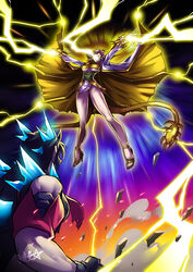  2girls battle black_hair blonde_hair breasts claws cloak colored_sclera dragon dragon_girl dragon_horns dragon_tail dragon_wings electricity fangs glowing glowing_eyes godzilla godzilla:_king_of_the_monsters godzilla_(monsterverse) godzilla_(series) high_heels highres horns king_ghidorah king_ghidorah_(monsterverse) monsterverse multiple_girls open_mouth panties personification red_sclera ryuusei_(mark_ii) sharp_teeth tail teeth underboob underwear white_cloak wings yellow_eyes yellow_panties 