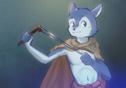  anthro blue_body blue_eyes blue_fur brown_cape brown_clothing canid canine canis cape clothing domestic_dog fur green_background hi_res male mammal ranged_weapon simple_background slingshot solo stampmats weapon 