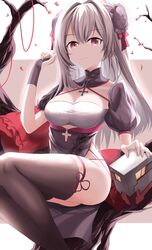  absurdres azur_lane bad_id bad_pixiv_id black_thighhighs breasts china_dress chinese_clothes cleavage closed_mouth cross cross_necklace dress female grey_hair hair_ornament hair_ribbon hand_up highres jewelry large_breasts long_hair looking_at_viewer necklace official_alternate_costume proverbs_zhenyan red_eyes ribbon simple_background sitting solo thighhighs u-410_(azur_lane) u-410_(spring_festival_scheme)_(azur_lane) 