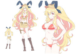  anne_bonny_(fate) bikini blonde_hair boots breasts fate/grand_order fate_(series) female hand_on_own_hip hat large_breasts long_hair pouch red_eyes red_nails reference_sheet skull_and_crossbones smile swimsuit t-okada thigh_pouch twintails white_background 