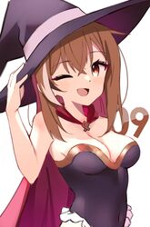  :d absurdres alternate_costume black_leotard breasts brown_eyes brown_hair cape cleavage colored_inner_hair crossed_bangs female frilled_leotard frills hand_on_headwear hat highres hololive hololive_english lavendeavor leotard long_hair looking_at_viewer multicolored_hair nanashi_mumei one_eye_closed smile streaked_hair upper_body very_long_hair virtual_youtuber witch_hat 