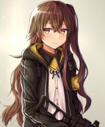  armband black_jacket black_ribbon brown_eyes brown_hair buran_(22x) closed_mouth female girls&#039;_frontline gun h&amp;k_ump hair_ornament holding holding_weapon jacket long_hair looking_at_viewer neck_ribbon open_clothes open_jacket ribbon scar scar_across_eye scar_on_face shirt simple_background solo submachine_gun ump45_(girls&#039;_frontline) weapon white_shirt yellow_armband 