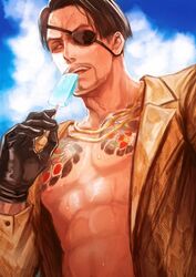  1boy abs aomi_nekosuki black_hair blue_sky brown_eyes chain_necklace chains commentary_request eyepatch food gloves gold_chain irezumi jacket jewelry leather leather_gloves majima_goro male_focus necklace one-eyed open_clothes open_jacket popsicle ryuu_ga_gotoku_(series) sky snake_print solo summer sweat sweatdrop tattoo 