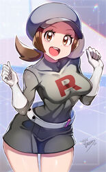  belt black_headwear breasts brown_eyes brown_hair collarbone commentary_request cowboy_shot female gloves highres lyra_(pokemon) open_mouth pokemon pokemon_hgss signature smile solo team_rocket team_rocket_uniform yasu_suupatenin 