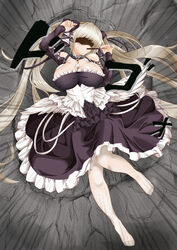  absurdres azur_lane between_breasts black_dress black_nails breasts cleavage commentary_request crater dress fat_joke feathered_wings female formidable_(azur_lane) frilled_dress frills from_above full_body gan-metal gothic_lolita heavy highres large_breasts lolita_fashion long_hair lying maid on_back pantyhose partial_commentary platinum_blonde_hair ribbon rock shaded_face solo sweatdrop twintails two-tone_dress two-tone_ribbon very_long_hair white_pantyhose wings 