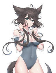  absurdres ahoge animal_ears bare_shoulders black_hair blue_eyes breasts cleavage covered_navel cowboy_shot detached_collar dog_ears dog_girl dog_tail female grey_leotard highleg highleg_leotard highres holding holding_own_hair leotard long_hair looking_at_viewer low_twintails medium_breasts off_shoulder original raku_(clearpage) simple_background solo tail thighs twintails white_background 