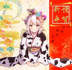  absurdres animal_ears animal_print blush bow breasts chinese_zodiac closed_mouth cow_ears cow_girl cow_horns cow_print dogeza egasumi female flower hair_bun hair_flower hair_ornament hairbow hairpin happy_new_year highres horns japanese_clothes kanzashi kimono large_breasts looking_at_viewer mugiusagi new_year obi obiage obijime original print_kimono red_eyes sash shirt single_hair_bun smile solo white_hair white_shirt year_of_the_ox 