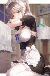  absurdres apron armpit_cutout black_dress blurry blurry_background blush book braid breasts chandelier cleavage closed_mouth clothing_cutout commentary corset drawer dress english_commentary female frilled_apron frilled_dress frills green_eyes grey_hair highres indoors kfr large_breasts letterboxed long_hair looking_at_viewer maid_headdress original photoshop_(medium) ponytail puffy_short_sleeves puffy_sleeves short_sleeves sitting solo table thighhighs waist_apron wariza white_thighhighs window wrist_cuffs zettai_ryouiki 