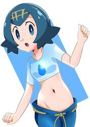  baggy_pants blue_eyes blue_hair blue_pants copyright_notice crop_top female groin hainchu hairband highres lana_(pokemon) loose_pants lowleg lowleg_pants midriff navel no_panties open_mouth pants pokemon pokemon_sm sagging_pants solo water_drop 