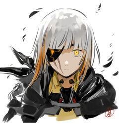  bandana black_jacket chinese_commentary commentary_request eyepatch female girls&#039;_frontline jacket jibao looking_at_viewer m16a1_(boss)_(girls&#039;_frontline) m16a1_(girls&#039;_frontline) mole mole_under_eye multicolored_hair orange_hair portrait scar scar_on_face shirt solo streaked_hair throat_microphone white_background white_hair yellow_eyes yellow_shirt 