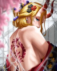  artist_name back_tattoo bbdbg03 black_flower black_maria_(one_piece) blonde_hair blue_eyes breasts earrings female flower hair_flower hair_ornament highres horns japanese_clothes jewelry large_breasts looking_at_viewer one_piece red_flower silk solo spider_web tattoo undressing upper_body 