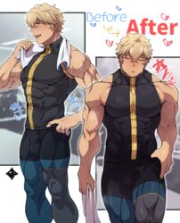  1boy abs artist_logo bara biceps blonde_hair blue_eyes blush closed_eyes covered_abs fate/grand_order fate_(series) gawain_(fate) hand_on_own_hip highres large_pectorals latex latex_legwear male_focus manly mature_male muscular muscular_male obliques open_mouth pants pectorals shirt sleeveless solo standplay sweat sweatdrop teeth thick_arms thick_eyebrows thick_thighs thighs tight_clothes tongue towel towel_around_neck turtleneck yoga_pants 