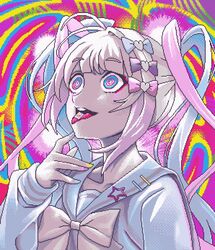  @_@ \||/ abstract_background blonde_hair blue_bow blue_eyes blue_hair blue_serafuku blush bow bowtie chouzetsusaikawa_tenshi-chan collarbone commentary drugged drugs eencya eyeliner female hairbow hand_up long_hair looking_up lsd makeup multicolored_background multicolored_hair multicolored_nails multiple_hair_bows needy_girl_overdose official_art open_mouth pink_bow pink_hair pink_pupils pixel_art psychedelic purple_bow quad_tails raised_eyebrows red_eyeliner school_uniform second-party_source serafuku single_hair_intake smile solo symbol-only_commentary tongue tongue_out upper_body wide-eyed yellow_bow yellow_bowtie 