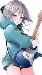  aoba_moca bang_dream! black_shorts blue_jacket commentary_request drawstring electric_guitar female green_eyes grey_hair guitar highres holding holding_instrument hood hood_up hooded_jacket instrument jacket komomo_(ptkrx) long_sleeves parted_lips puffy_long_sleeves puffy_sleeves short_shorts shorts simple_background sleeves_past_fingers sleeves_past_wrists solo white_background 