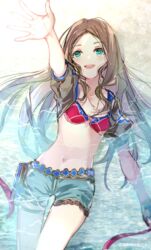  bad_hands beach bikini bikini_top_only blue_shorts blush breasts brown_gloves brown_hair carimarica collarbone fate/grand_order fate_(series) female fingerless_gloves forehead gloves green_eyes jewelry leonardo_da_vinci_(fate) leonardo_da_vinci_(rider)_(fate) leonardo_da_vinci_(swimsuit_ruler)_(fate) long_hair lying navel necklace on_back open_mouth outstretched_arm parted_bangs puffy_short_sleeves puffy_sleeves red_bikini shore short_shorts short_sleeves shorts shrug_(clothing) sidelocks small_breasts smile solo swimsuit thighs wet 