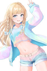  :d absurdres aqua_eyes blonde_hair blush braid chest_sarashi commentary_request cowboy_shot cropped_shirt female highres hololive jacket kakinotane_e kazama_iroha kazama_iroha_(streetwear) long_hair long_sleeves navel sarashi see-through see-through_shirt shirt short_shorts shorts simple_background sleeves_past_wrists smile solo stomach twin_braids virtual_youtuber white_background 