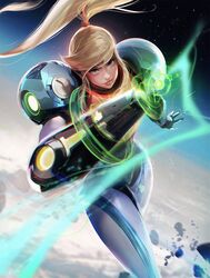  arm_cannon armor blonde_hair blue_eyes female glowing gun long_hair looking_at_viewer metroid metroid_dread mole mole_under_mouth ponytail power_armor power_suit power_suit_(metroid) ross_tran samus_aran science_fiction sidelocks simple_background smile solo weapon 