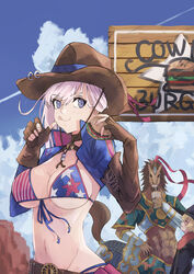  2boys absurdres american_flag american_flag_bikini american_flag_print asymmetrical_gloves bikini billy_the_kid_(fate) blonde_hair blue_eyes blue_jacket blue_sky blush breasts brown_gloves bun_cover burger centaur chitake choker cleavage collarbone cowboy_hat cropped_jacket cup day eating fate/grand_order fate_(series) female fingerless_gloves flag_print food gloves hair_bun hair_ribbon hat highres jacket large_breasts licking_lips long_hair long_sleeves looking_at_viewer miyamoto_musashi_(fate) miyamoto_musashi_(swimsuit_berserker)_(fate) miyamoto_musashi_(swimsuit_berserker)_(second_ascension)_(fate) multiple_boys outdoors pink_hair print_bikini red_hare_(fate) ribbon shrug_(clothing) single_hair_bun single_side_bun sky smile swept_bangs swimsuit taur tongue tongue_out 