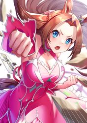  akatsuki_(kuon) animal_ears blue_eyes braid breasts brown_hair cleavage clenched_hands clothing_cutout commentary_request debris detached_sleeves dress emphasis_lines female horse_ears horse_girl horse_tail incoming_attack incoming_punch kawakami_princess_(umamusume) large_breasts long_hair looking_at_viewer motion_blur open_mouth parted_bangs pink_dress punching sign sleeveless sleeveless_dress solo tail teeth umamusume upper_teeth_only 