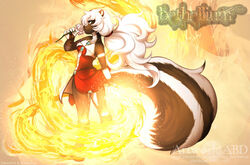  abluedeer anthro bethellium black_body black_fur boots breasts clothed clothing female fingerless_gloves fire flower footwear fur gloves hair handwear katherine_(bethellium) magic mammal mephitid plant side_view skunk solo striped_skunk white_hair 