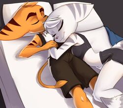  1boy black_shorts black_sports_bra brown_shorts brown_tank_top closed_eyes couple cuddling female furry furry_female furry_male highres lying magaska on_bed pillow ratchet_&amp;_clank ratchet_(ratchet_&amp;_clank) rivet_(ratchet_&amp;_clank) shorts sleeveless sports_bra tank_top 