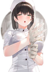  :o absurdres adjusting_clothes adjusting_gloves black_hair blurry blurry_background blush braid breasts buttons commentary dripping english_commentary female glove_pull gloves green_eyes half-closed_eyes hat highres kfr large_breasts lipstick looking_at_viewer makeup name_tag nurse nurse_cap original photoshop_(medium) see-through short_hair short_sleeves sidelocks single_braid solo sweat tareme upper_body wet white_gloves white_hat 