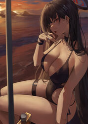  absurdres alternate_costume bare_shoulders beach black_hair black_one-piece_swimsuit blue_archive breasts choker cleavage collarbone commentary_request female gradient_sky hair_ornament hairclip halo highres large_breasts leviathan_(hikinito0902) long_hair looking_at_viewer one-piece_swimsuit open_mouth orange_sky red_eyes rio_(blue_archive) shore sky solo sunset swimsuit thighs twilight very_long_hair 