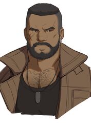  1boy absurdres bara barret_wallace beard black_hair black_tank_top brown_jacket buzz_cut chest_hair cropped_shoulders dark-skinned_male dark_skin dog_tags expressionless facial_hair final_fantasy final_fantasy_vii highres jacket large_pectorals male_focus mature_male muscular muscular_male pectoral_cleavage pectorals portrait ryker scar scar_on_cheek scar_on_face short_hair solo tank_top undercut upper_body very_short_hair white_background 