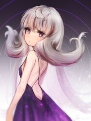  :o ass back breasts butt_crack dress eyebrows female from_side grey_hair highres long_hair looking_at_viewer nijisanji nijisanji_en purple_dress purple_eyes reimu_endou shiina_rei sideboob small_breasts solo virtual_youtuber 