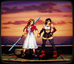  2girls aerith_gainsborough black_border black_gloves black_hair black_skirt black_thighhighs bo_staff boots border bracelet braid brown_eyes brown_footwear brown_hair cloud crop_top cropped_jacket crt dress elbow_gloves fake_screenshot final_fantasy final_fantasy_vii final_fantasy_vii_remake gloves green_eyes hair_ribbon hand_on_own_hip holding holding_hands holding_staff holding_weapon horizon jacket jewelry kdekercy long_hair midriff miniskirt multiple_girls muscular muscular_female ocean orange_sky parted_hair pink_jacket pink_ribbon pixel_art red_footwear red_gloves ribbon rope ship short_sleeves side_braids skirt sky sports_bra sprite staff sunset swept_bangs thighhighs tifa_lockhart watercraft weapon white_dress white_sports_bra wooden_floor zettai_ryouiki 