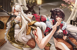  2girls bare_legs barefoot beidou_(genshin_impact) black_gloves black_legwear breasts brown_hair chinese_commentary claw_ring commentary_request dress eyepatch feet feet_up fingerless_gloves foot_worship fur_trim genshin_impact gloves hair_ornament hair_over_one_eye hair_stick highres holding holding_another&#039;s_foot holding_smoking_pipe indoors kacyu large_breasts leg_tattoo licking licking_foot long_hair looking_at_viewer lying md5_mismatch multiple_girls ningguang_(genshin_impact) no_shoes on_bed on_stomach parted_bangs parted_lips pink_nails red_dress red_eyes red_nails short_sleeves smoking_pipe tattoo thighhighs toenails toes tongue tongue_out very_long_hair white_dress white_hair yuri 