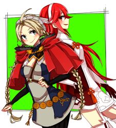  2girls ahoge back-to-back belt blonde_hair braid caeldori_(fire_emblem) capelet chest_harness fire_emblem fire_emblem_fates hairband harness hio141 hood hooded_capelet key leather long_hair looking_at_another low_twin_braids multiple_girls nina_(fire_emblem) o-ring o-ring_harness parted_bangs red_hair smile twin_braids upper_body 