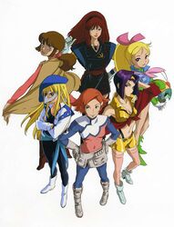  1980s_(style) 6+girls bad_source beret blue_eyes boots breasts brown_hair cape character_request closed_mouth cowboy_bebop crossed_arms faye_valentine full_body gaw_ha_leecee gear_senshi_dendou gloves hair_ornament hairband hairclip hat holding jewelry juusenki_l-gaim kamikita_keiko long_hair looking_at_viewer mask multiple_girls muteki_choujin_zambot_3 navel orange_hair overman_king_gainer red_hair retro_artstyle sara_kodama short_hair simple_background smile standing thighhighs vega_(dendoh) white_background white_gloves yoshida_ken&#039;ichi 