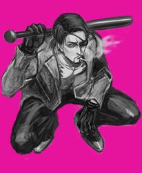  1boy aomi_nekosuki baseball_bat bat_(animal) black_footwear black_hair chain_necklace chains cigarette eyepatch gloves greyscale_with_colored_background jacket jewelry leather leather_gloves limited_palette looking_at_viewer majima_goro male_focus metal_baseball_bat necklace open_clothes open_jacket pink_background ryuu_ga_gotoku_(series) shoes simple_background smoke smoking snake_print solo squatting thick_eyebrows 