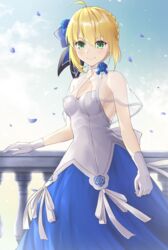  ahoge artoria_pendragon_(fate) bare_arms bare_shoulders blonde_hair blue_dress blue_flower blue_rose bow braid braided_bun breasts capelet cleavage closed_mouth cowboy_shot dress fate/grand_order fate/stay_night fate_(series) female floral_print flower gloves green_eyes hair_bun hair_flower hair_ornament hairbow highres light_blush looking_at_viewer looking_down official_alternate_costume petals rose saber_(fate) saber_(fgo_x_takarazuka_kinen)_(fate) see-through see-through_capelet see-through_cleavage sideboob simple_background sleeveless sleeveless_dress smile solo tsurupy two-tone_dress v-shaped_eyebrows white_dress white_gloves 